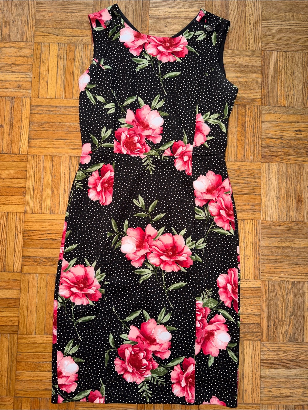 Black Midi Dress with Pink Floral Print